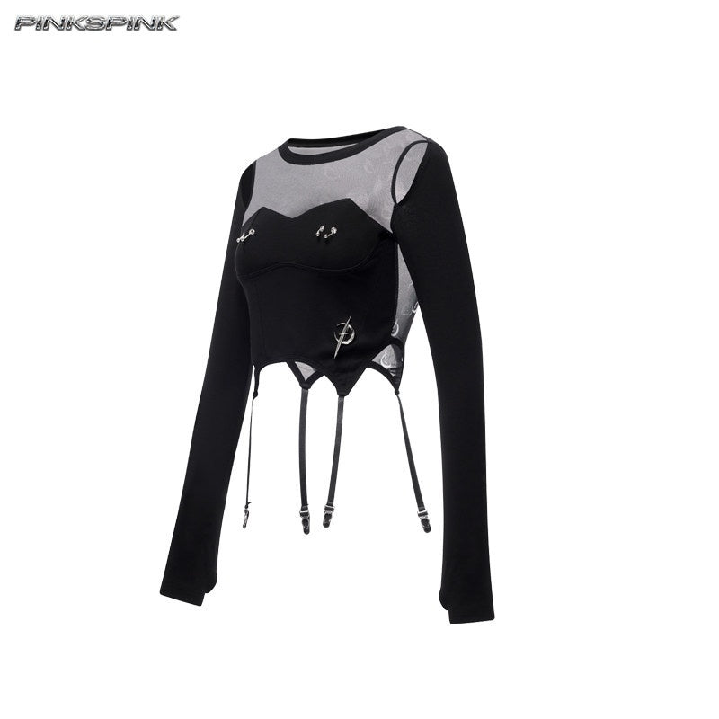 PINKSPINK_Black_Letter_Print_Patchwork_Beaded_Punk_Women's_Mesh_Long_Sleeve_T-shirts_1000233841267_MISSTT