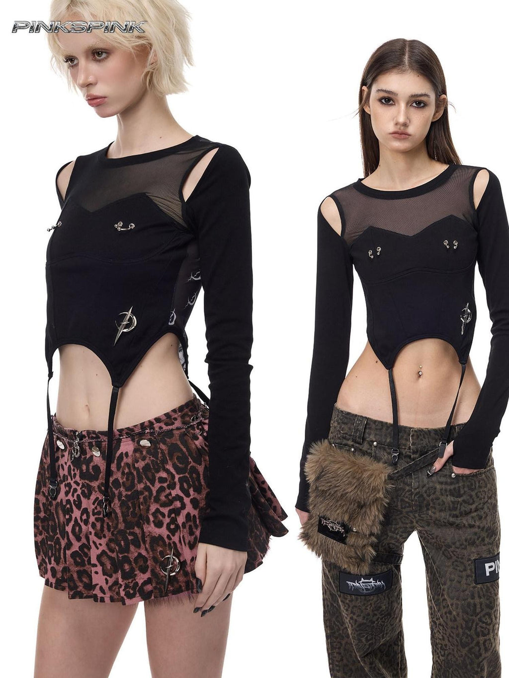 PINKSPINK Black Letter Print Patchwork Beaded Punk Women's Mesh Long Sleeve T-shirts