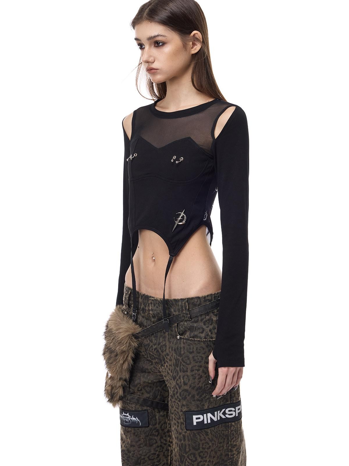 PINKSPINK Black Letter Print Patchwork Beaded Punk Women's Mesh Long Sleeve T-shirts