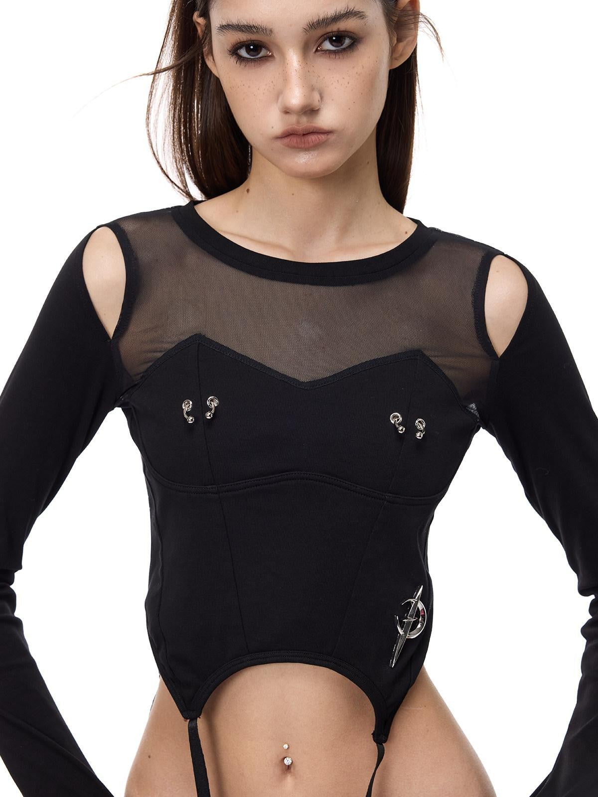 PINKSPINK Black Letter Print Patchwork Beaded Punk Women's Mesh Long Sleeve T-shirts