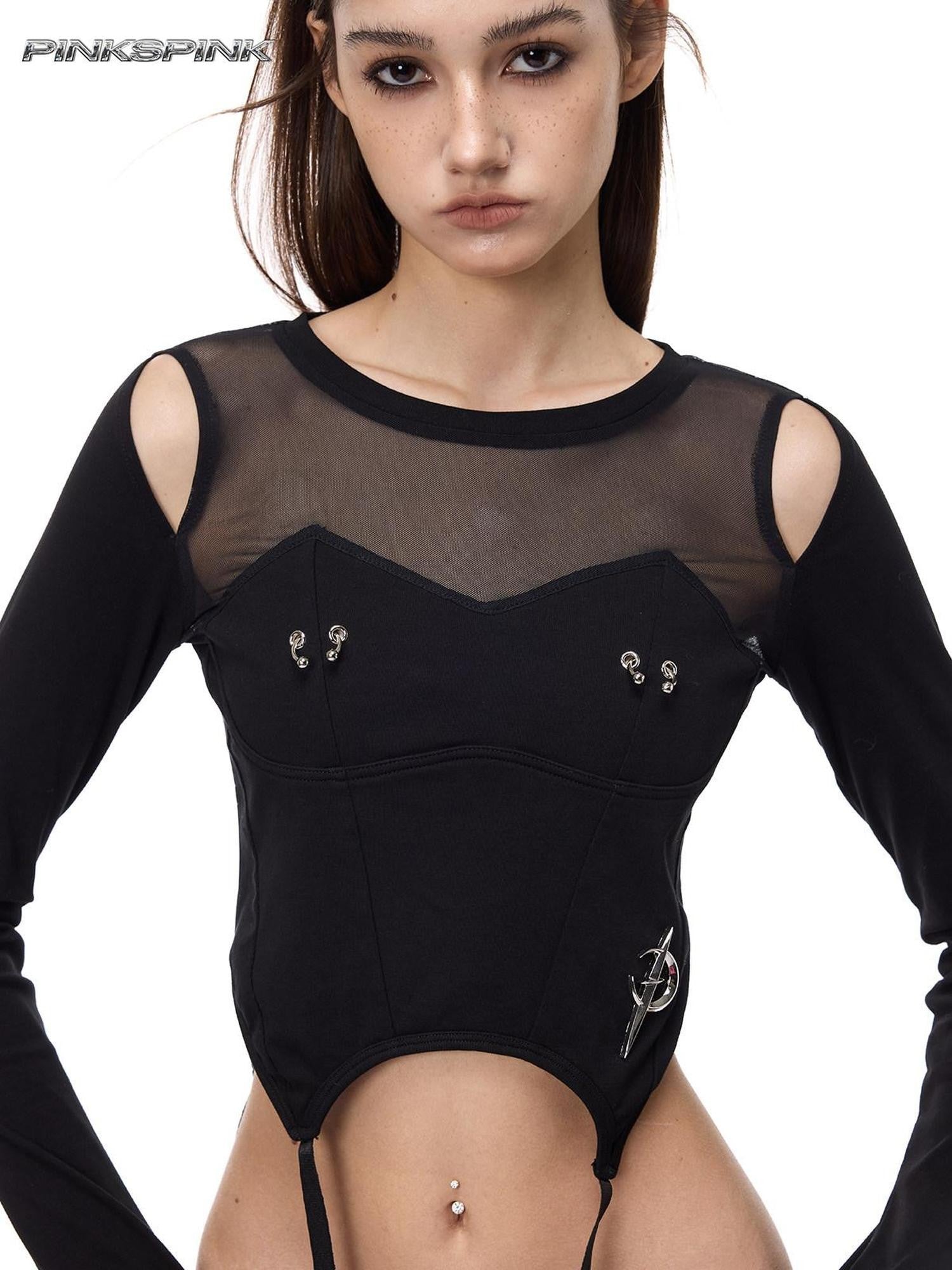 PINKSPINK Black Letter Print Patchwork Beaded Punk Women's Mesh Long Sleeve T-shirts