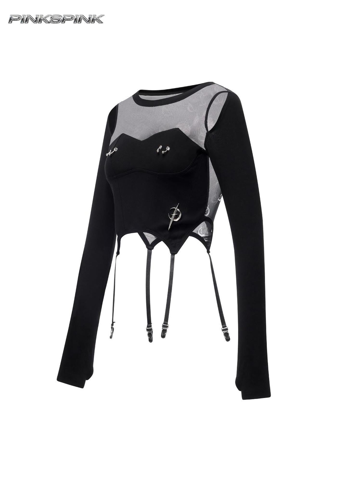 PINKSPINK Black Letter Print Patchwork Beaded Punk Women's Mesh Long Sleeve T-shirts