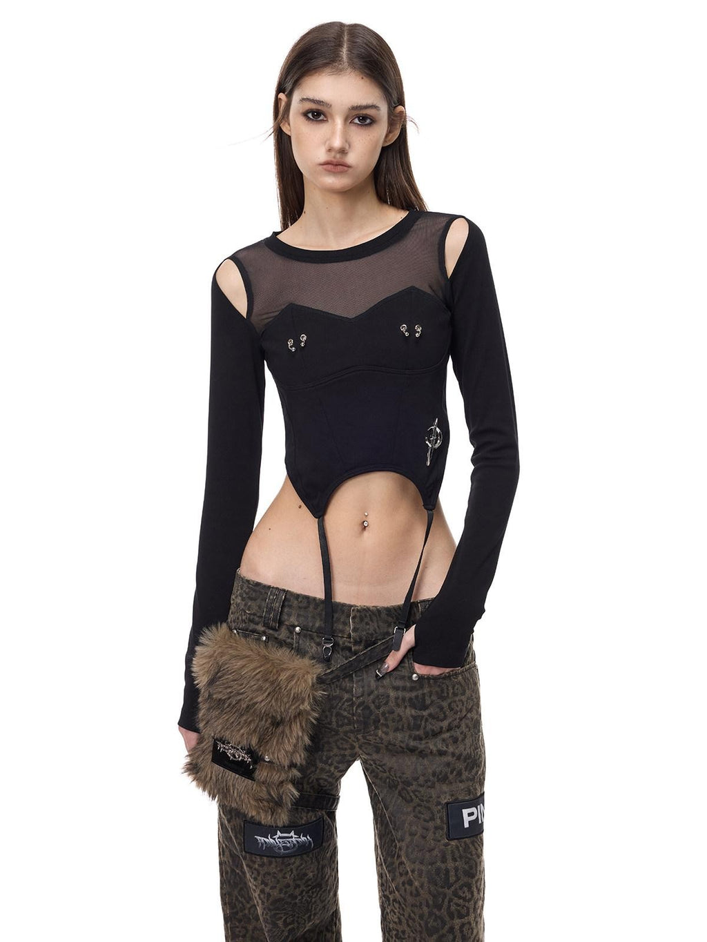 PINKSPINK Black Letter Print Patchwork Beaded Punk Women's Mesh Long Sleeve T-shirts