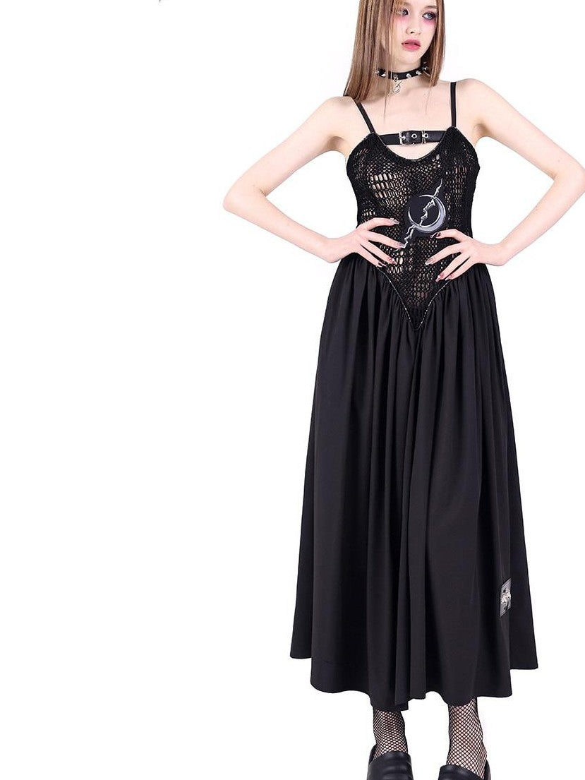 PINKSPINK Black Mesh Cutout Letter Print Punk Women's Cotton Slip Maxi Dresses