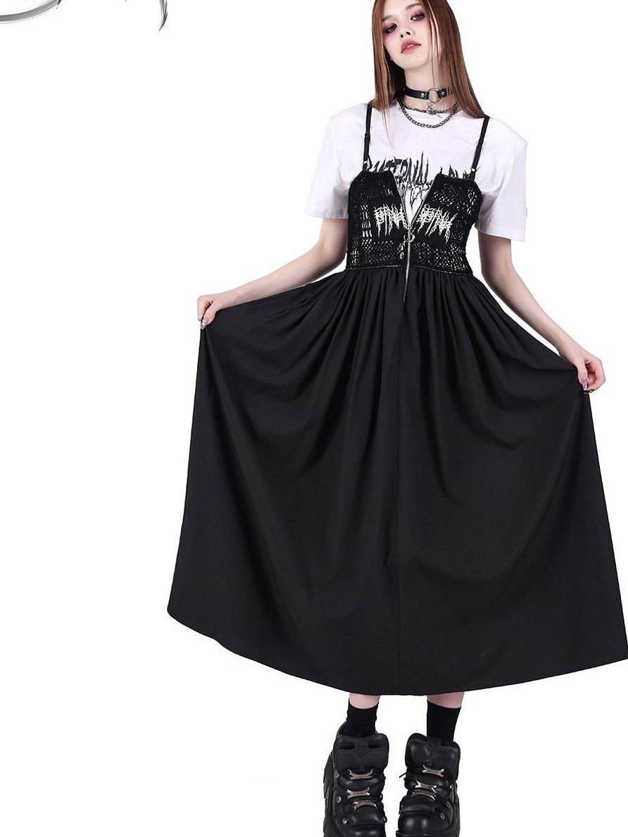 PINKSPINK Black Mesh Cutout Letter Print Punk Women's Cotton Slip Maxi Dresses