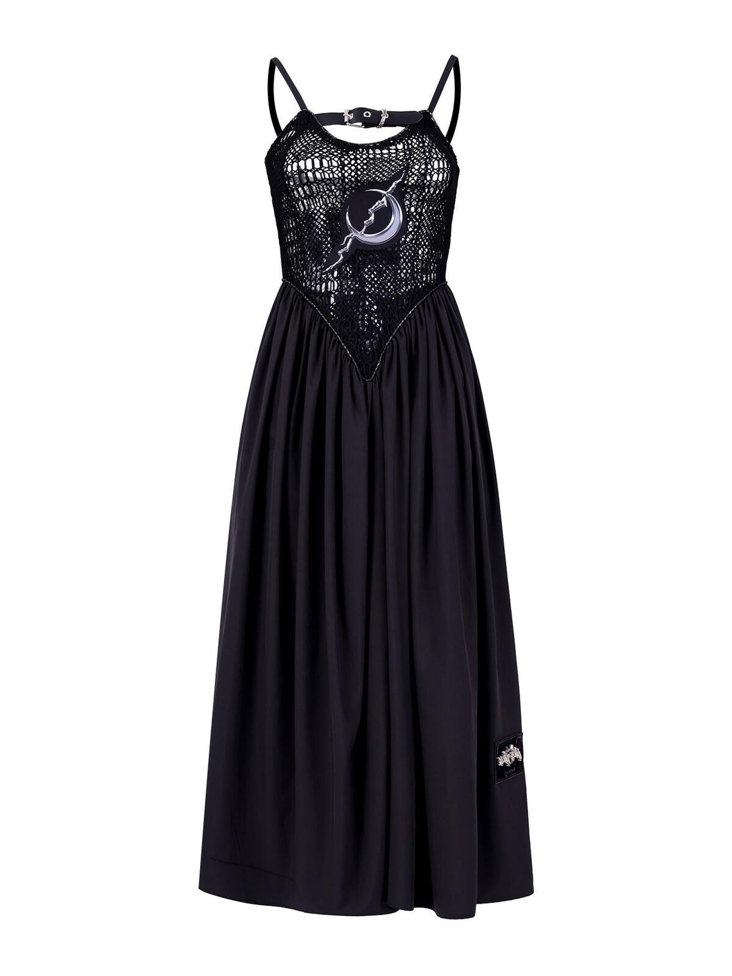 PINKSPINK Black Mesh Cutout Letter Print Punk Women's Cotton Slip Maxi Dresses
