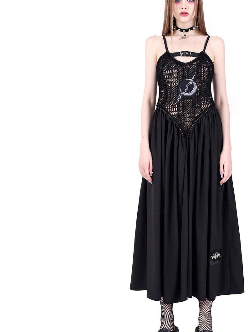 PINKSPINK Black Mesh Cutout Letter Print Punk Women's Cotton Slip Maxi Dresses