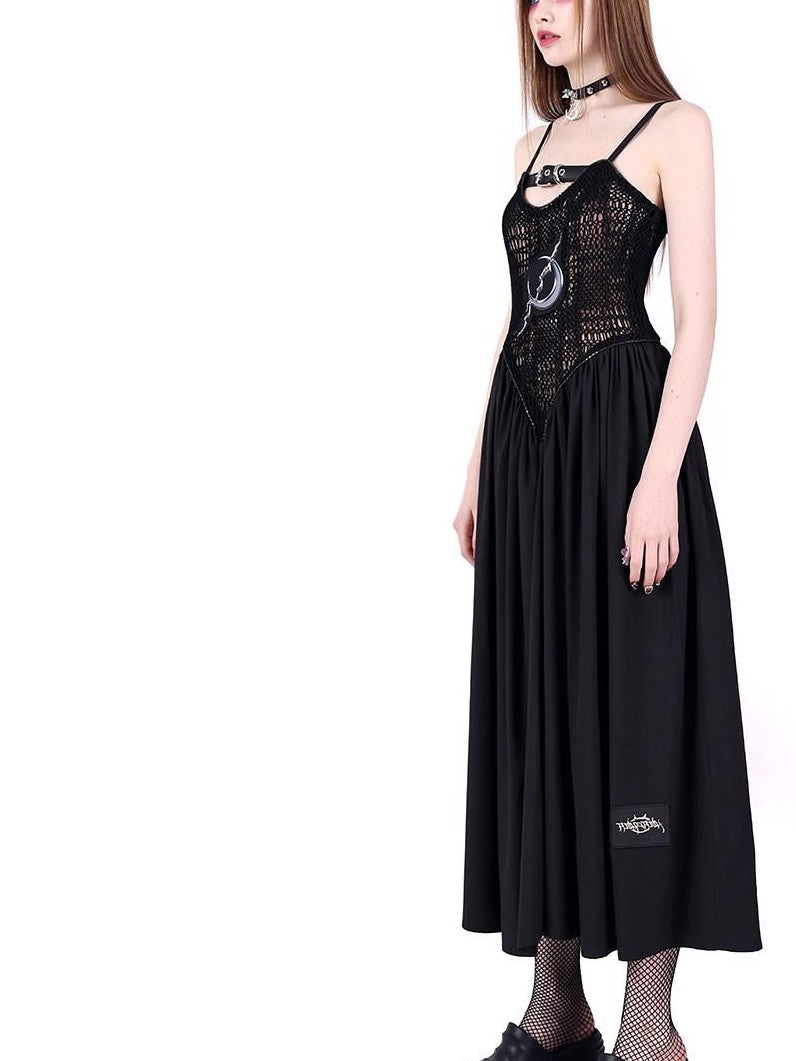 PINKSPINK Black Mesh Cutout Letter Print Punk Women's Cotton Slip Maxi Dresses
