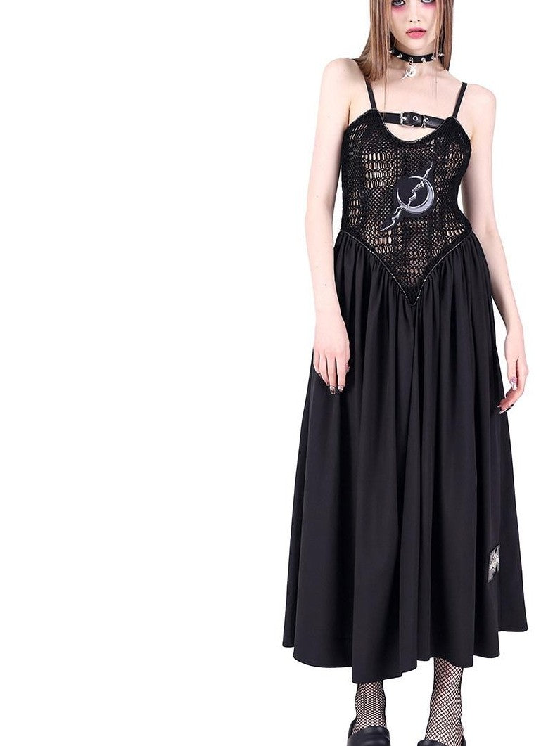 PINKSPINK Black Mesh Cutout Letter Print Punk Women's Cotton Slip Maxi Dresses