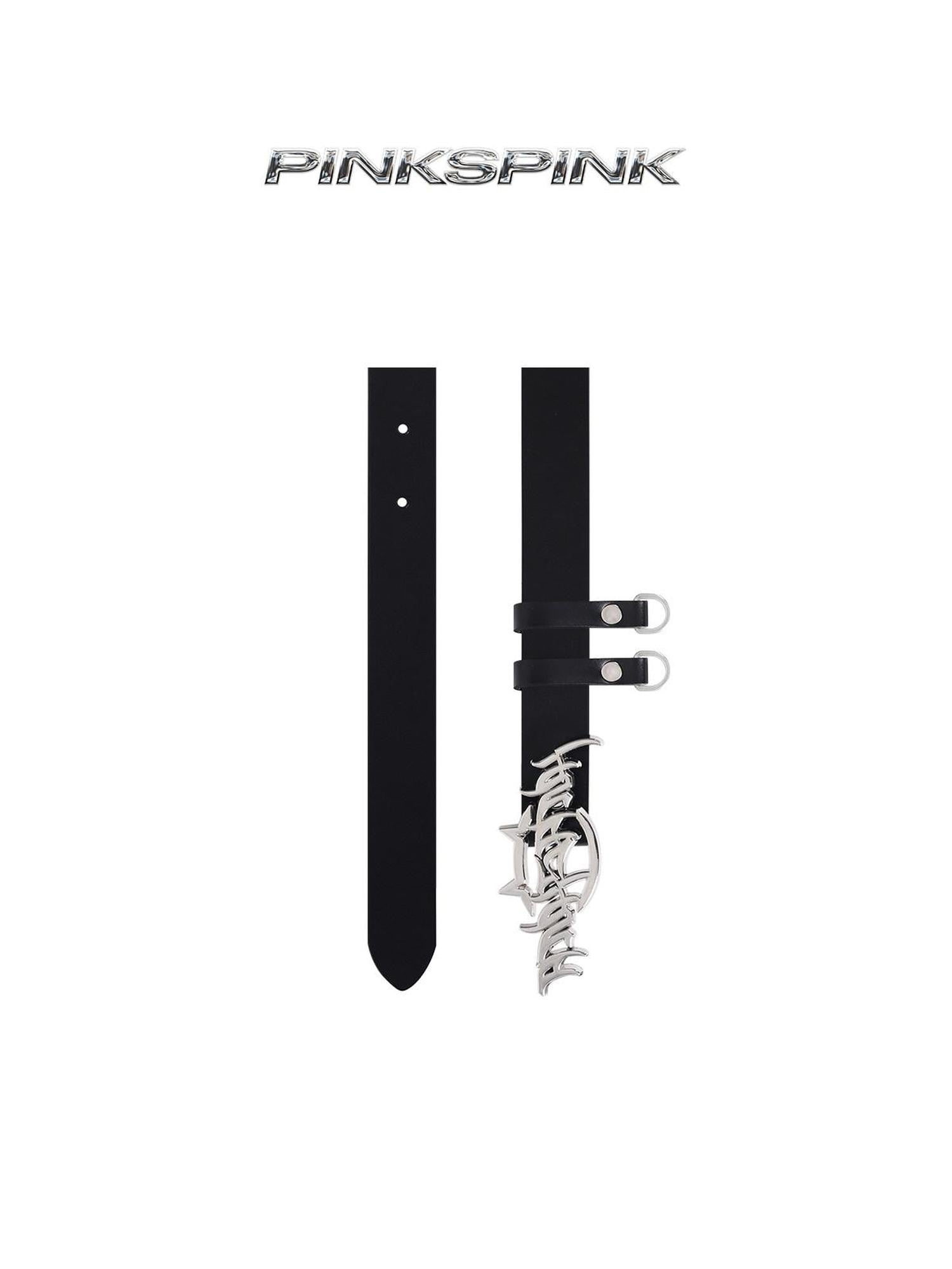 PINKSPINK Black Metal Cat Ear Logo Hanging Buckle Women's Top Grain Cowhide Belts