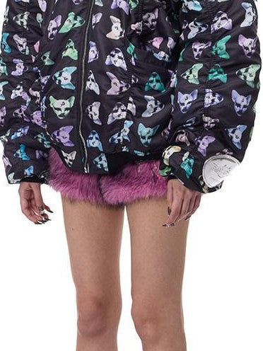 PINKSPINK Black Metal Fur Collar Y2k Cat Motif Street Women's Cotton Puffer Jackets