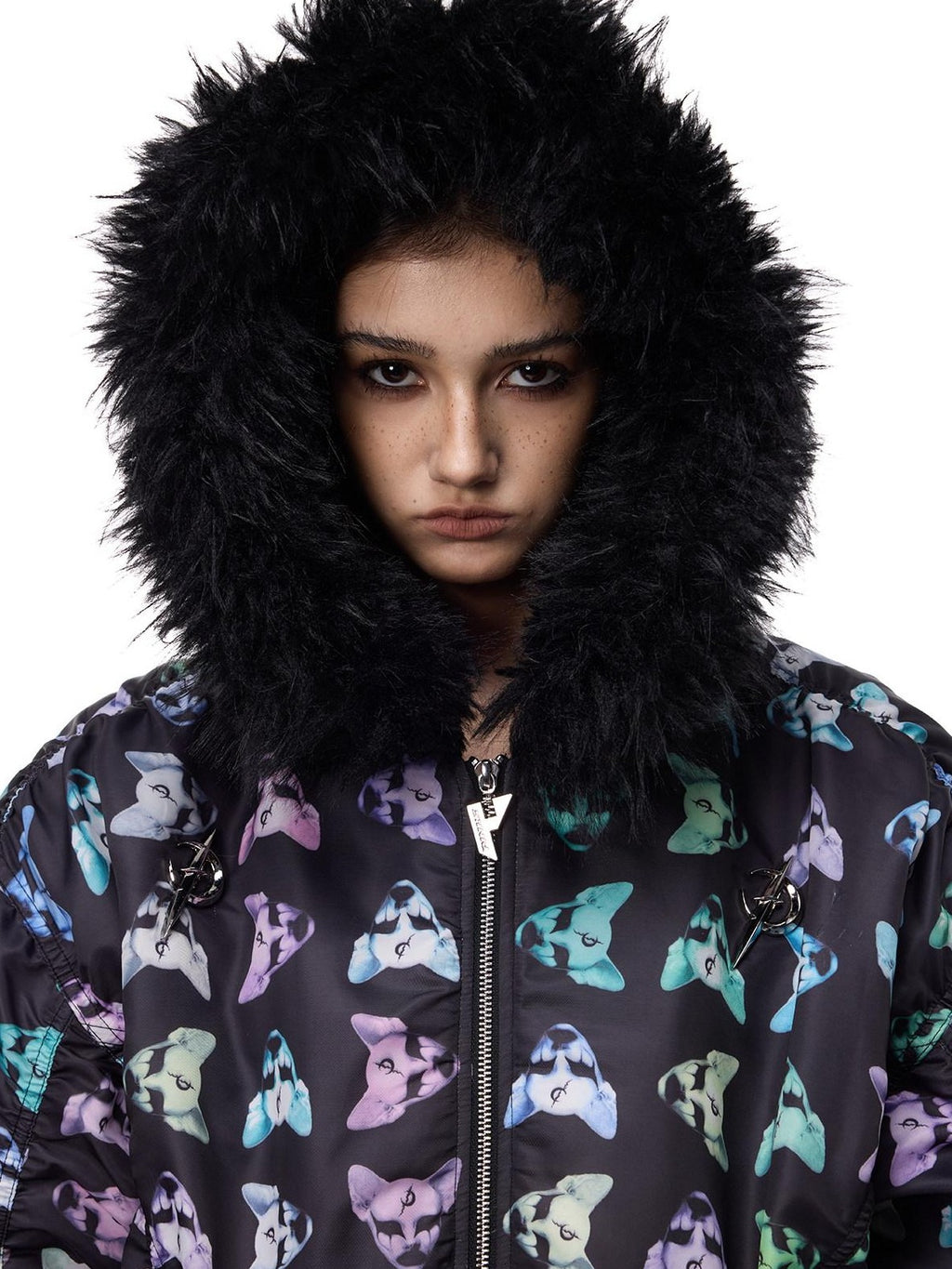 PINKSPINK Black Metal Fur Collar Y2k Cat Motif Street Women's Cotton Puffer Jackets