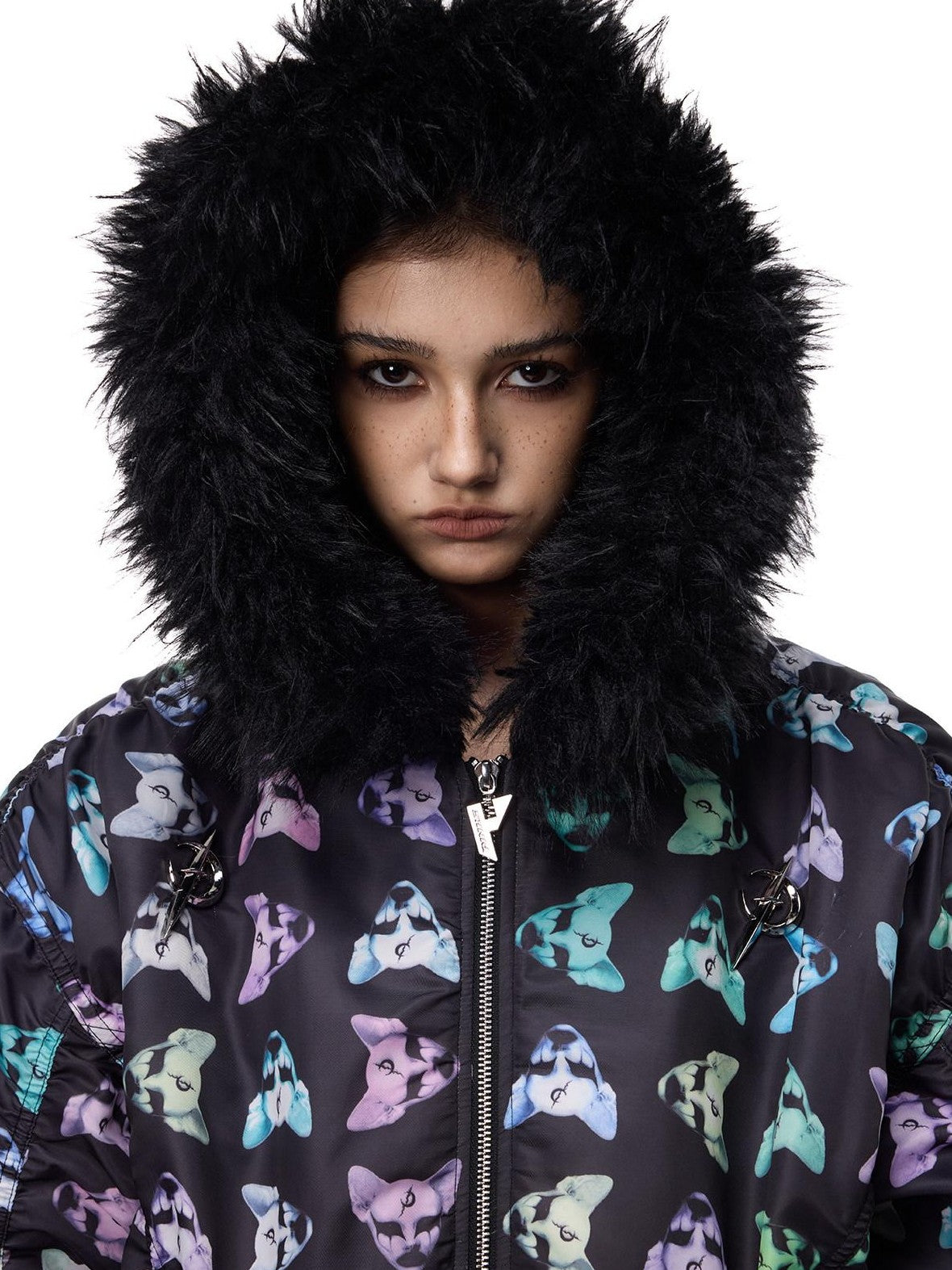 PINKSPINK Black Metal Fur Collar Y2k Cat Motif Street Women's Cotton Puffer Jackets