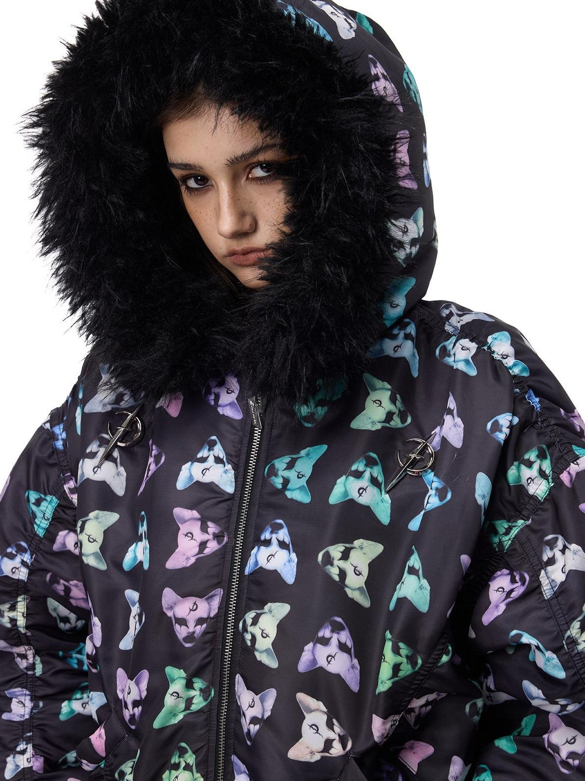 PINKSPINK Black Metal Fur Collar Y2k Cat Motif Street Women's Cotton Puffer Jackets