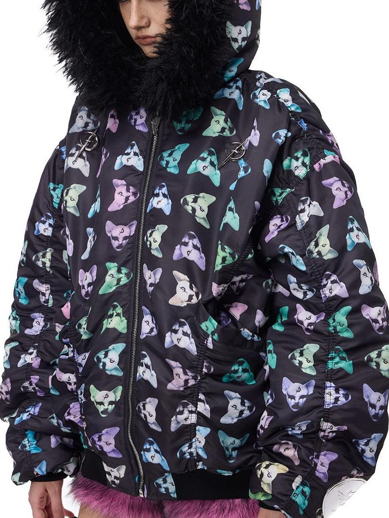 PINKSPINK Black Metal Fur Collar Y2k Cat Motif Street Women's Cotton Puffer Jackets