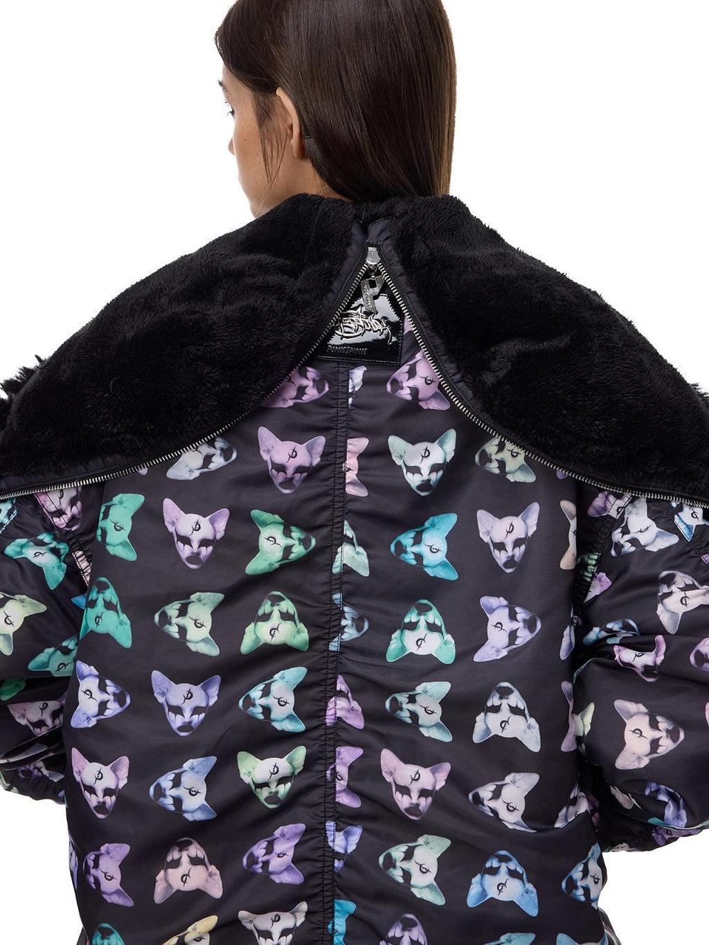 PINKSPINK Black Metal Fur Collar Y2k Cat Motif Street Women's Cotton Puffer Jackets