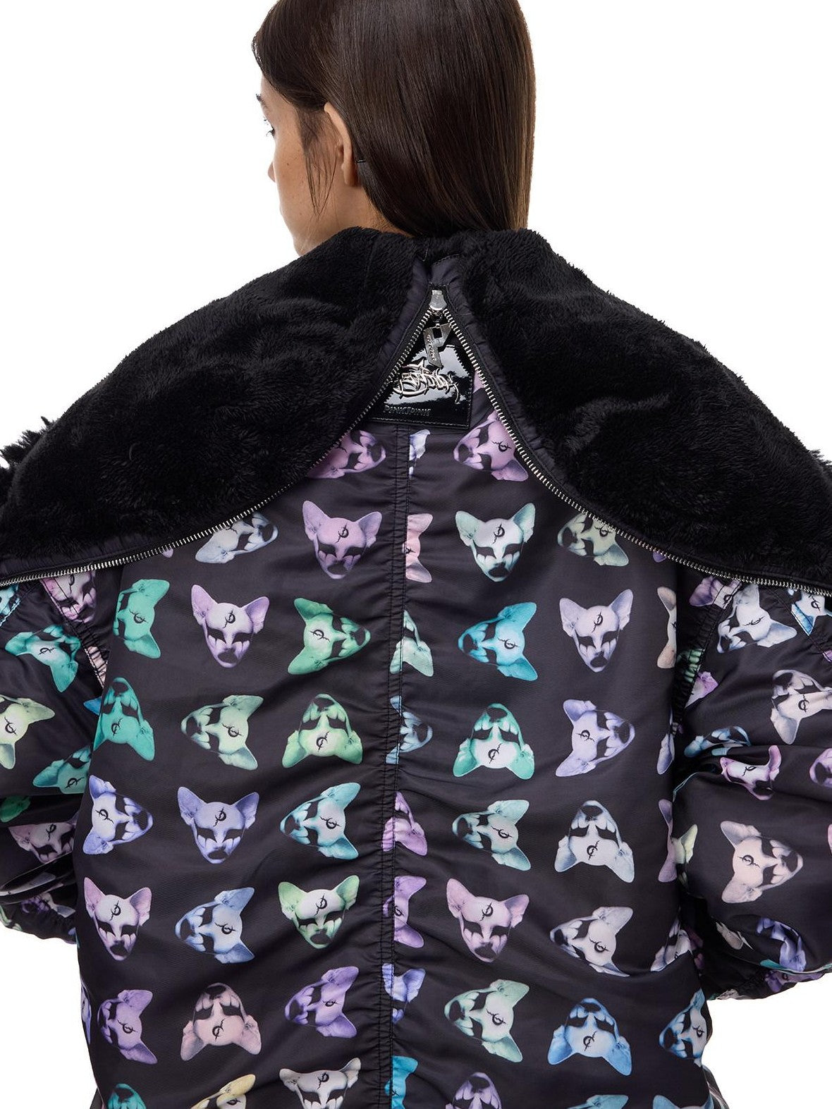 PINKSPINK Black Metal Fur Collar Y2k Cat Motif Street Women's Cotton Puffer Jackets