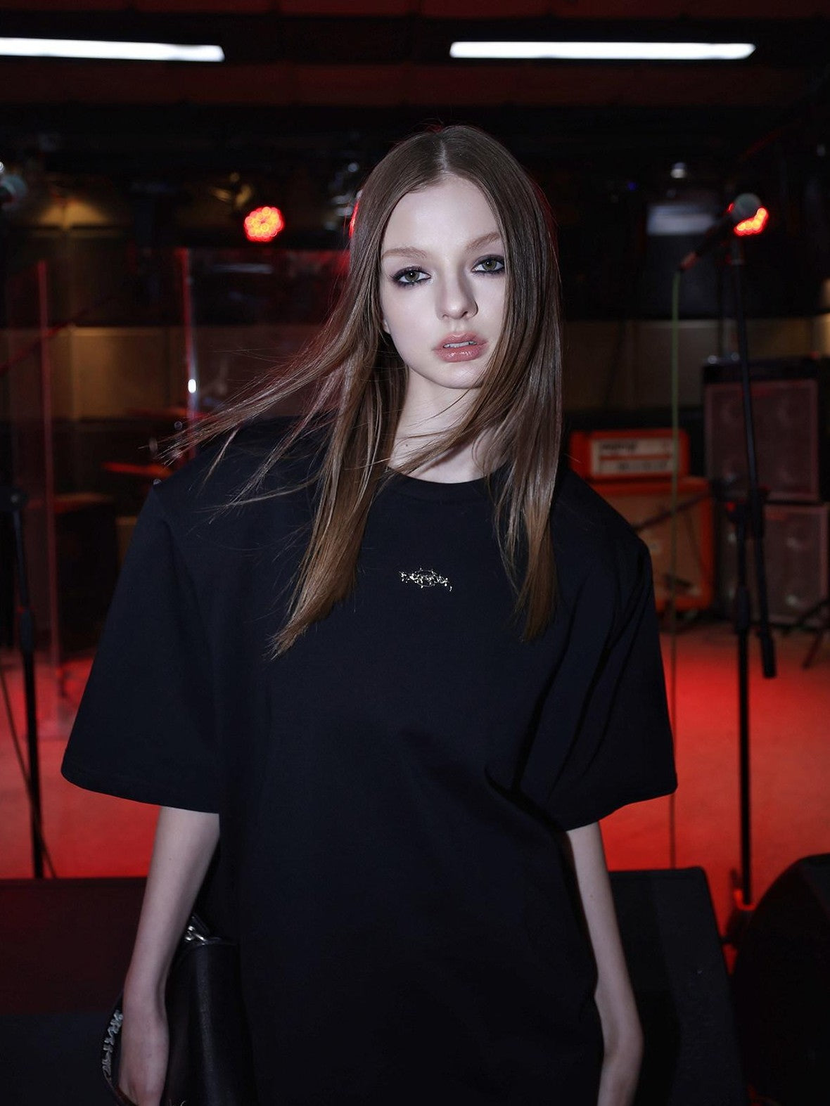 PINKSPINK Black Metal Logo Padded Shoulder Oversized Women's Short Sleeve T-shirts