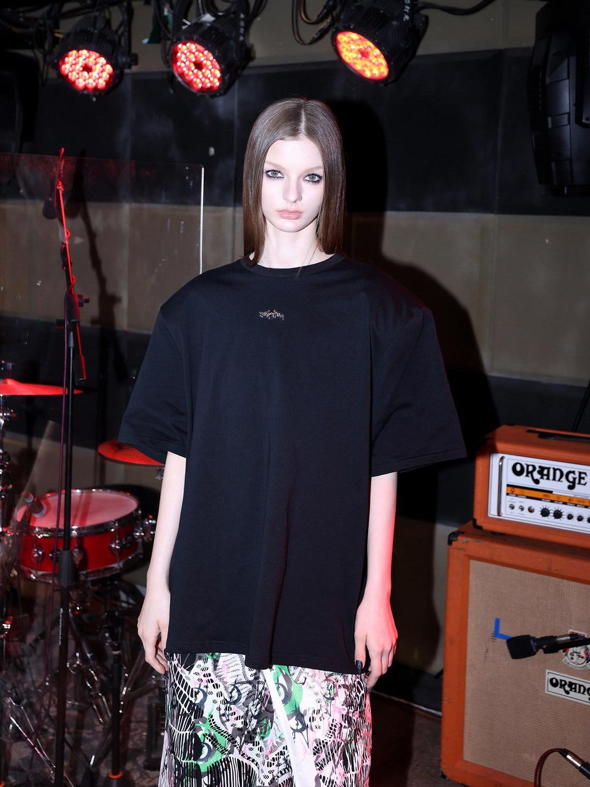 PINKSPINK Black Metal Logo Padded Shoulder Oversized Women's Short Sleeve T-shirts
