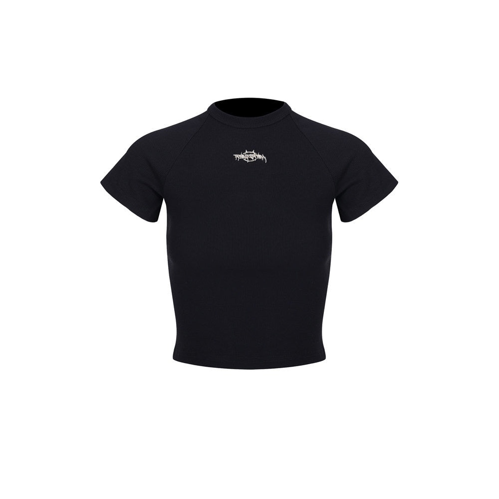 PINKSPINK_Black_Metal_Logo_Text_Print_Fitted_Short_Sleeve_Women's_Cotton_Crop_Tops_788606446453_MISSTT