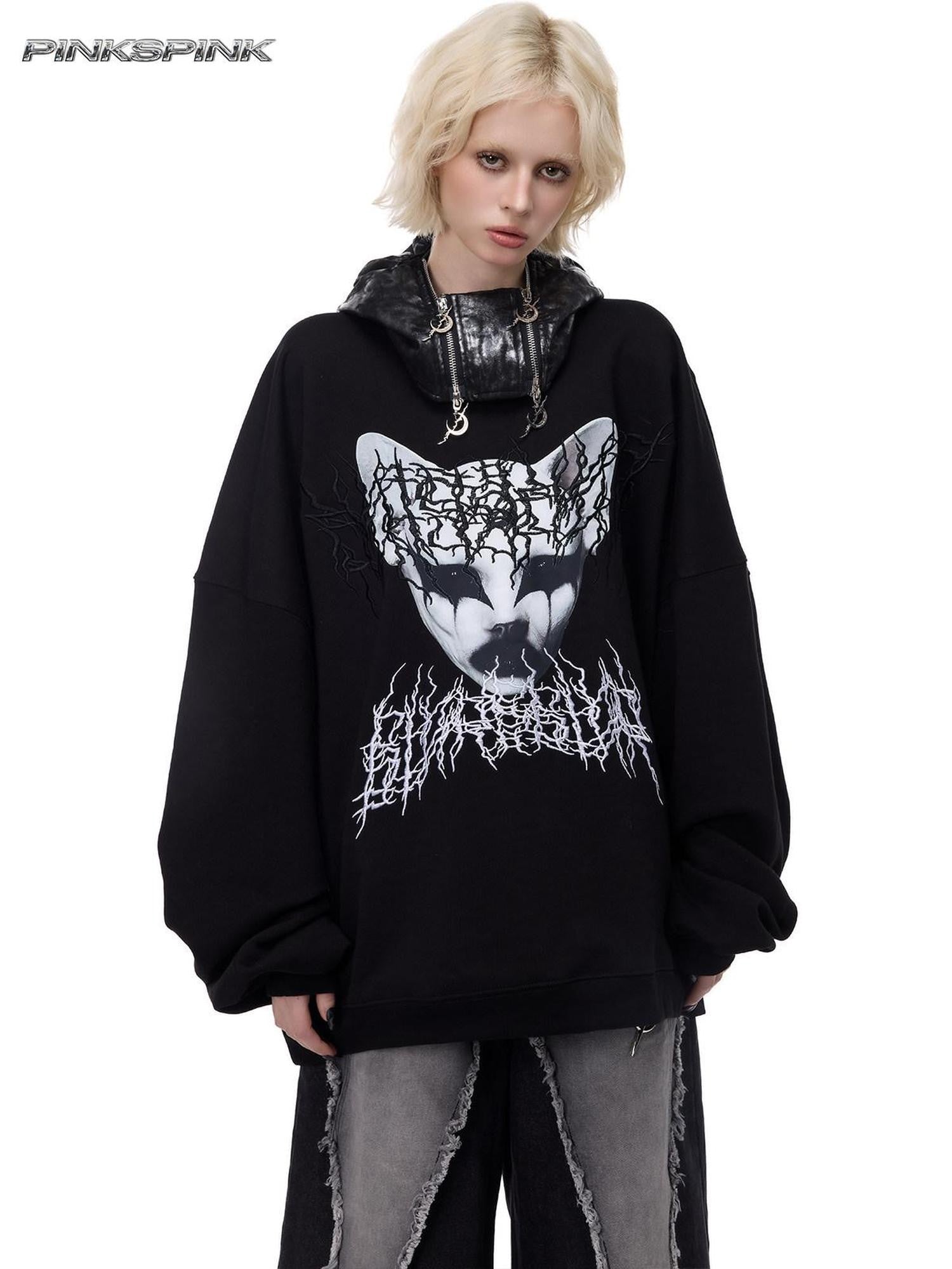 PINKSPINK Black Metal Thorn Heavy Embroidery Cat Print Lettering Women's Sweatshirts
