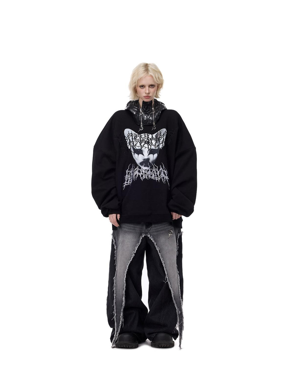 PINKSPINK Black Metal Thorn Heavy Embroidery Cat Print Lettering Women's Sweatshirts