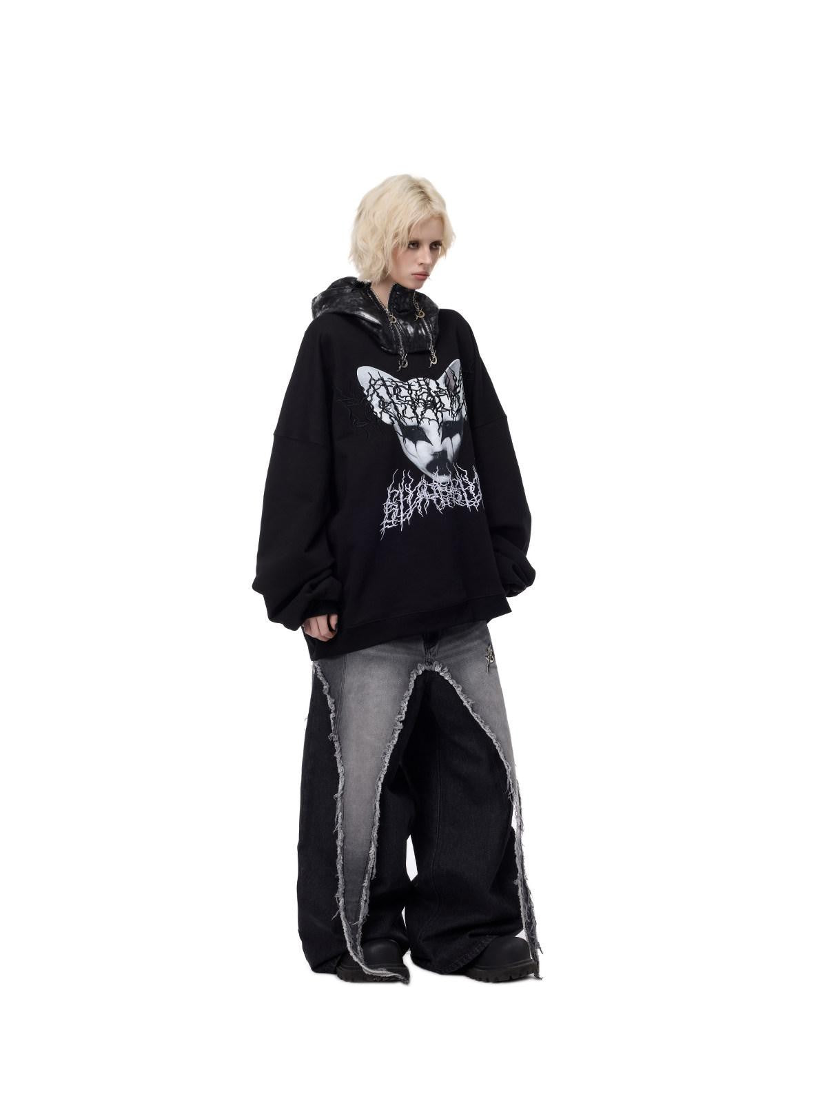 PINKSPINK Black Metal Thorn Heavy Embroidery Cat Print Lettering Women's Sweatshirts