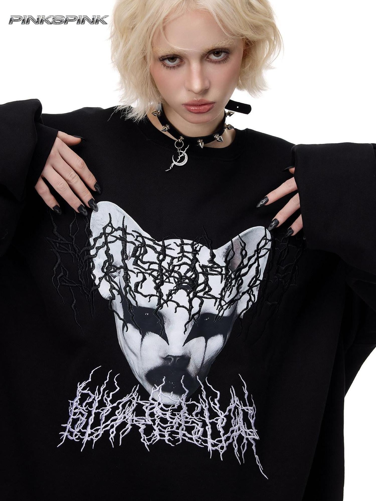 PINKSPINK Black Metal Thorn Heavy Embroidery Cat Print Lettering Women's Sweatshirts