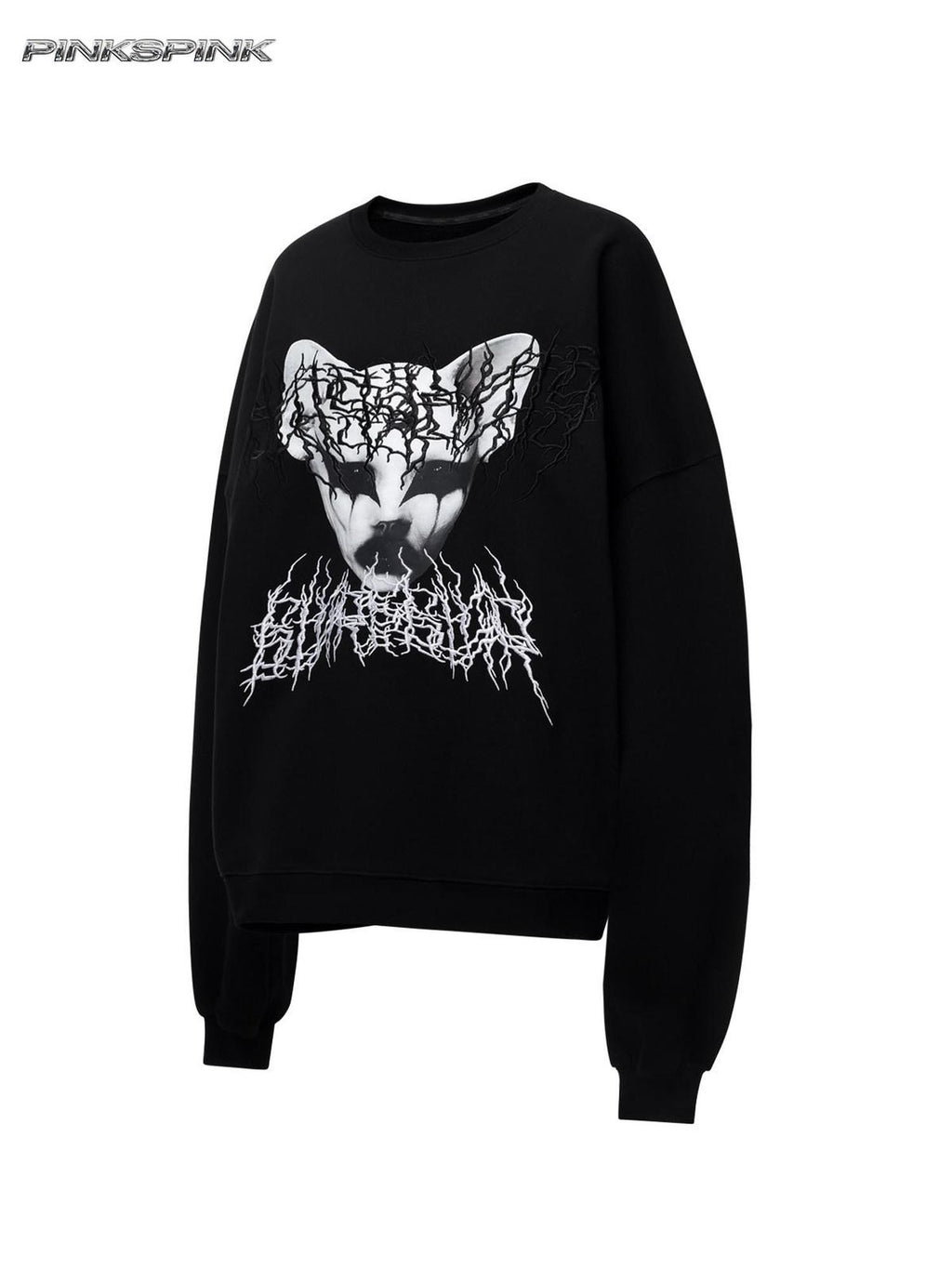 PINKSPINK Black Metal Thorn Heavy Embroidery Cat Print Lettering Women's Sweatshirts