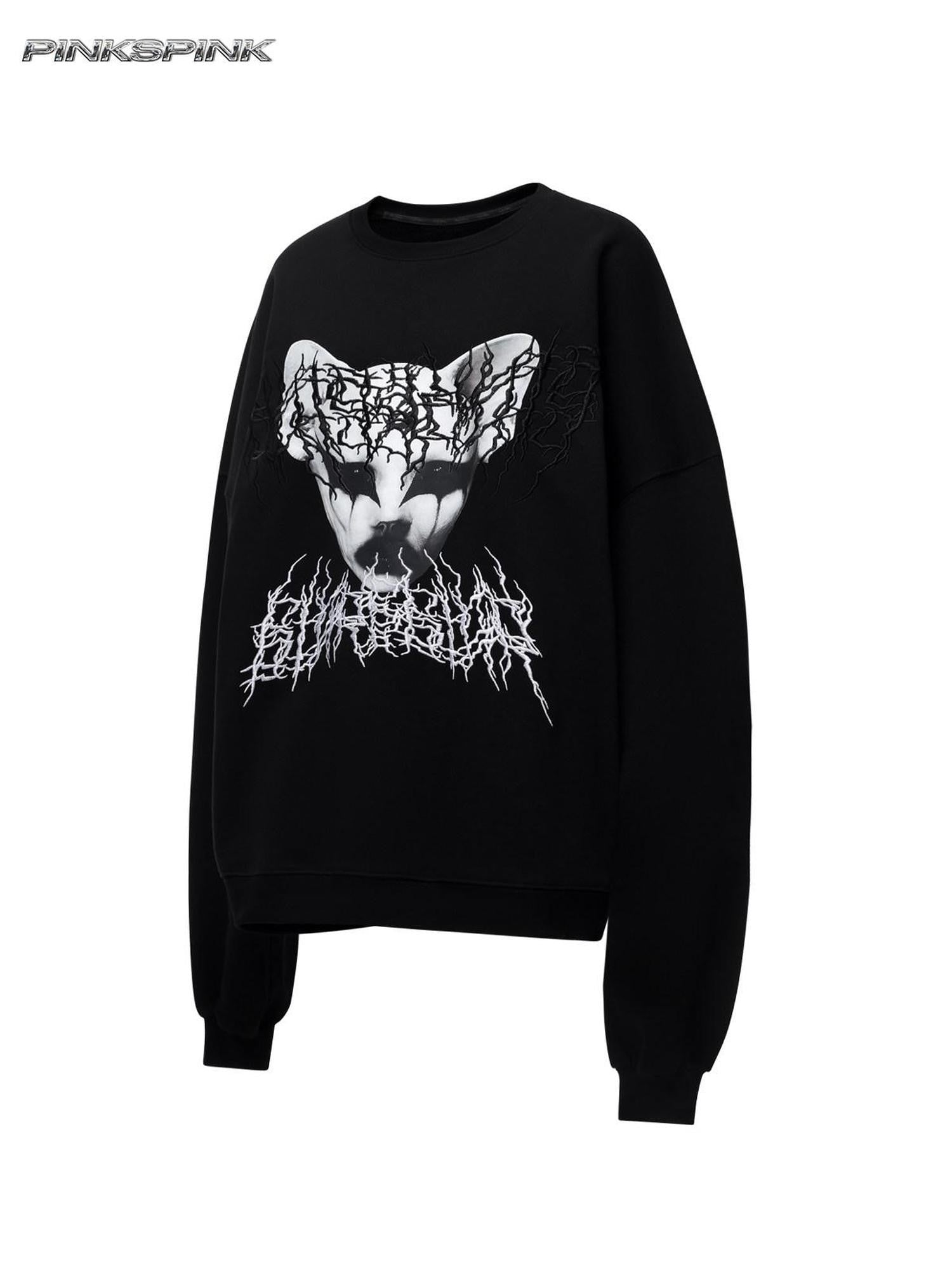 PINKSPINK Black Metal Thorn Heavy Embroidery Cat Print Lettering Women's Sweatshirts