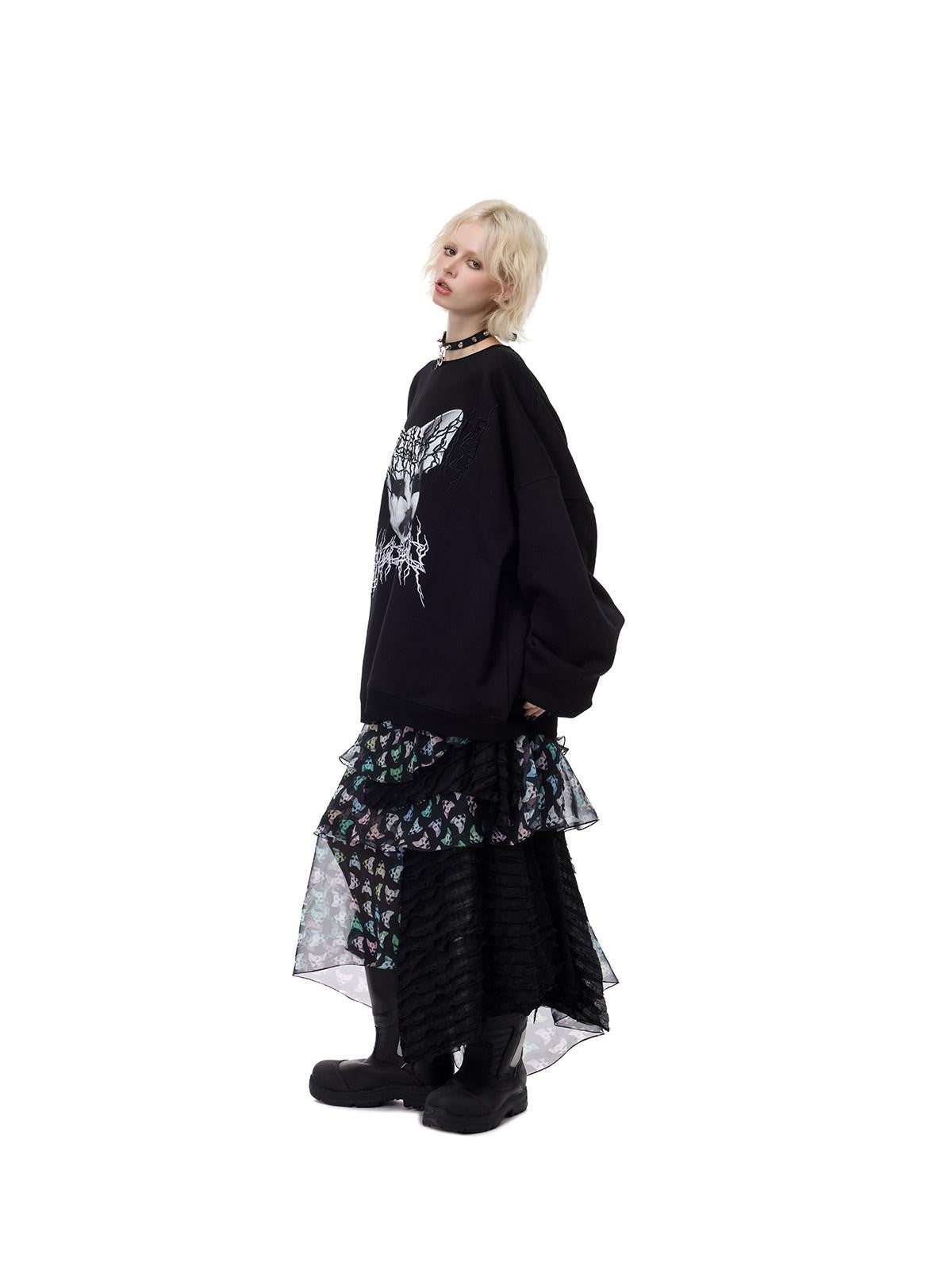 PINKSPINK Black Metal Thorn Heavy Embroidery Cat Print Lettering Women's Sweatshirts