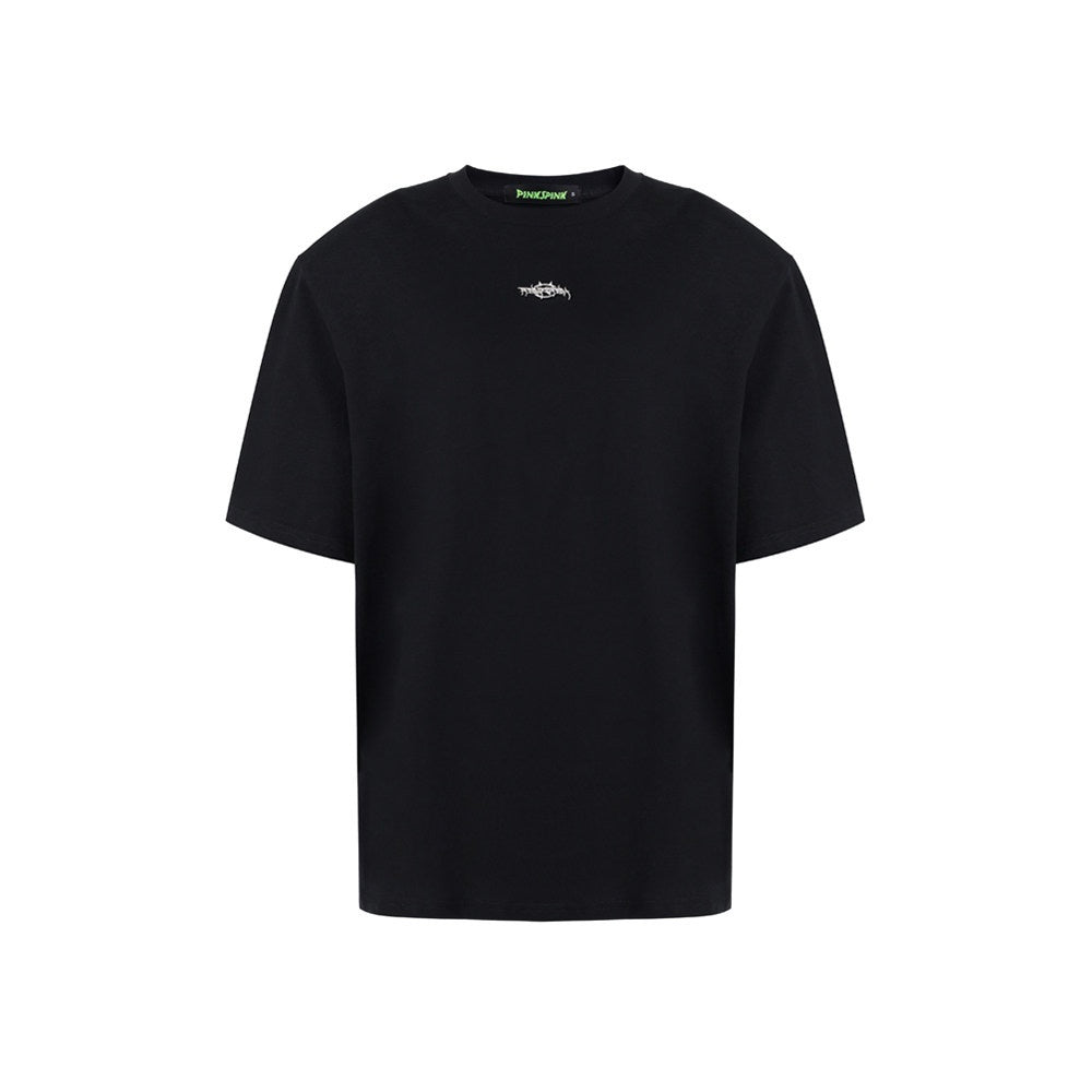 PINKSPINK_Black_Oversized_Metal_Logo_Padded_Shoulder_Mesh_Women's_Short_Sleeve_T-shirts_784700318042_MISSTT