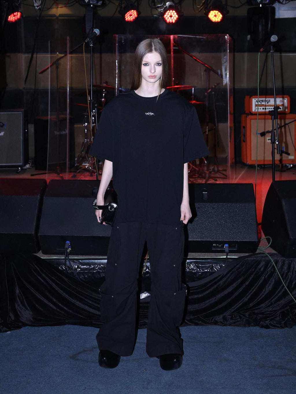 PINKSPINK Black Oversized Metal Logo Padded Shoulder Mesh Women's Short Sleeve T-shirts