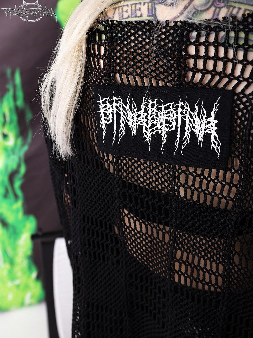 PINKSPINK Black Patch Embroidered Print Distressed Mesh Women's Cotton Long Sleeve T-shirts