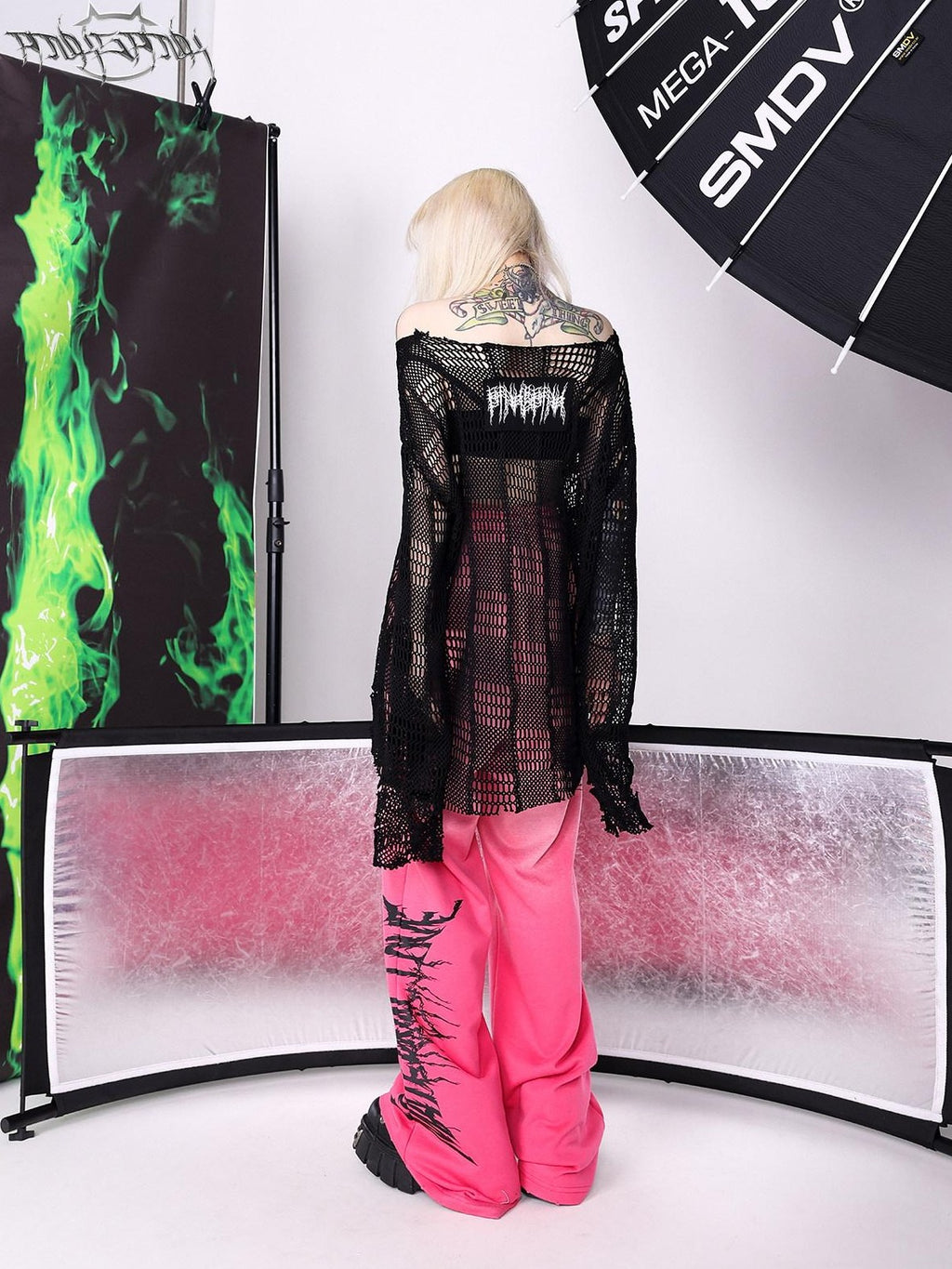 PINKSPINK Black Patch Embroidered Print Distressed Mesh Women's Cotton Long Sleeve T-shirts
