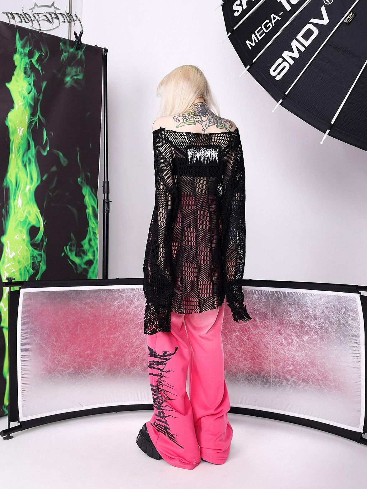 PINKSPINK Black Patch Embroidered Print Distressed Mesh Women's Cotton Long Sleeve T-shirts