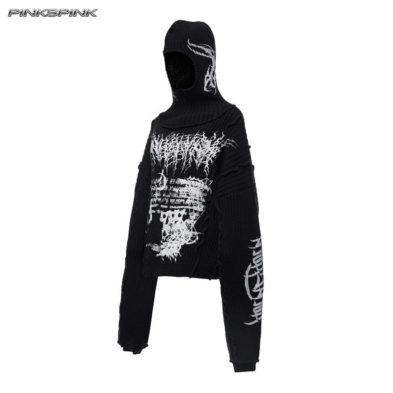 PINKSPINK_Black_Patchwork_Hooded_Loose_Punk_Women's_Acrylic_Pullover_Sweaters_998890006532_MISSTT