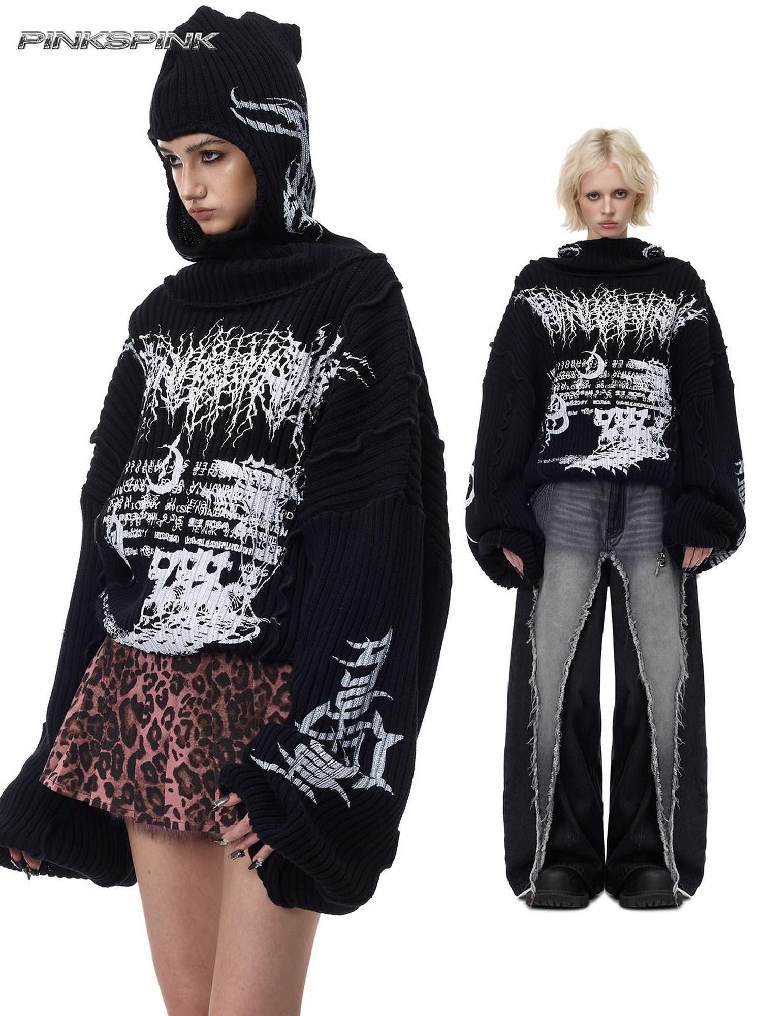 PINKSPINK Black Patchwork Hooded Loose Punk Women's Acrylic Pullover Sweaters