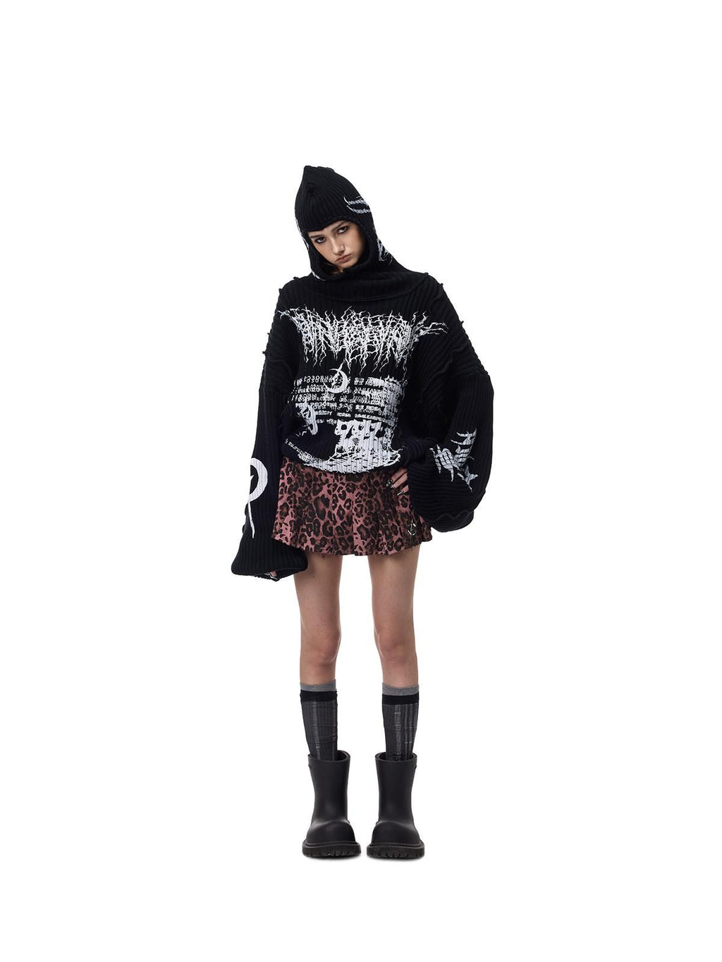 PINKSPINK Black Patchwork Hooded Loose Punk Women's Acrylic Pullover Sweaters