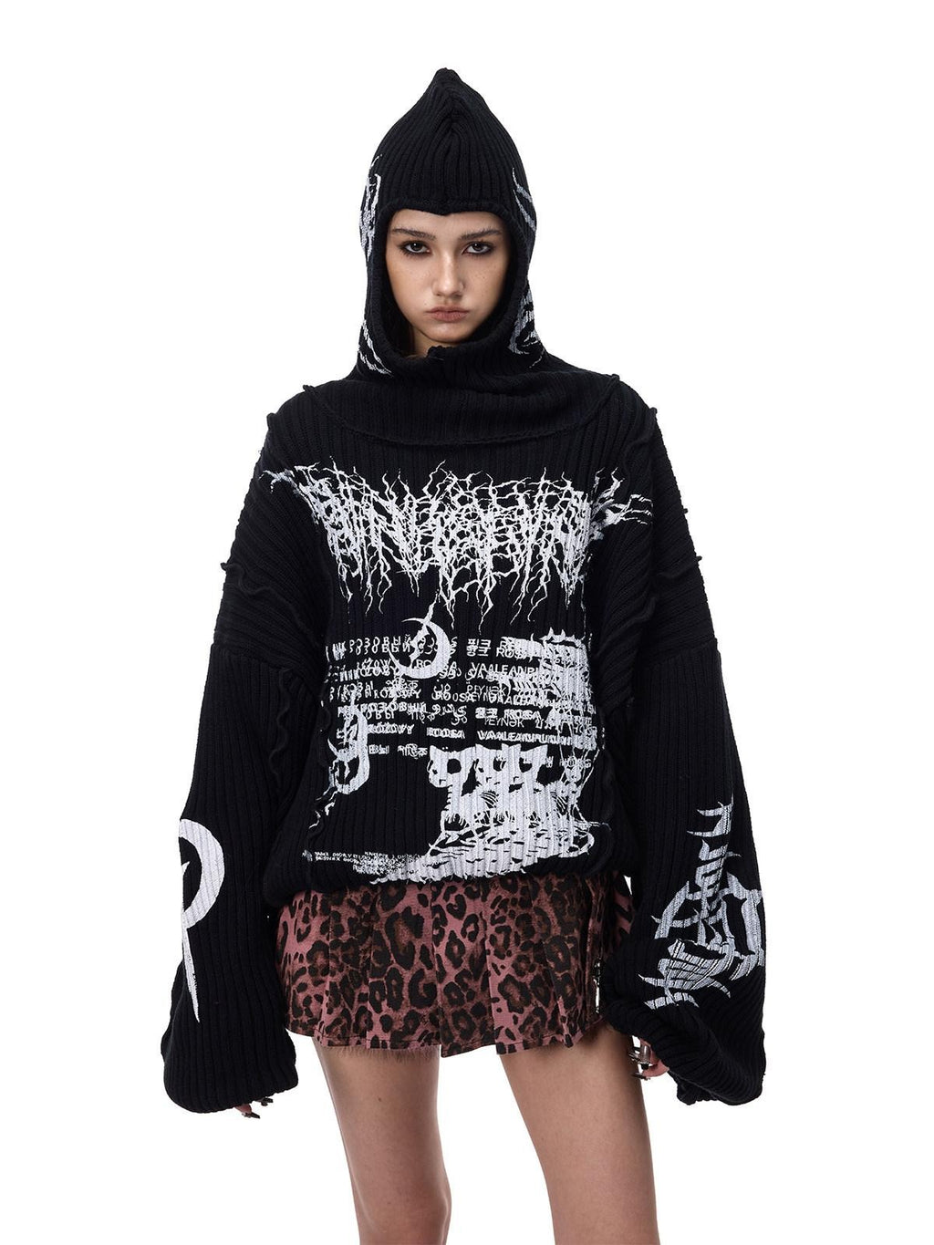 PINKSPINK Black Patchwork Hooded Loose Punk Women's Acrylic Pullover Sweaters