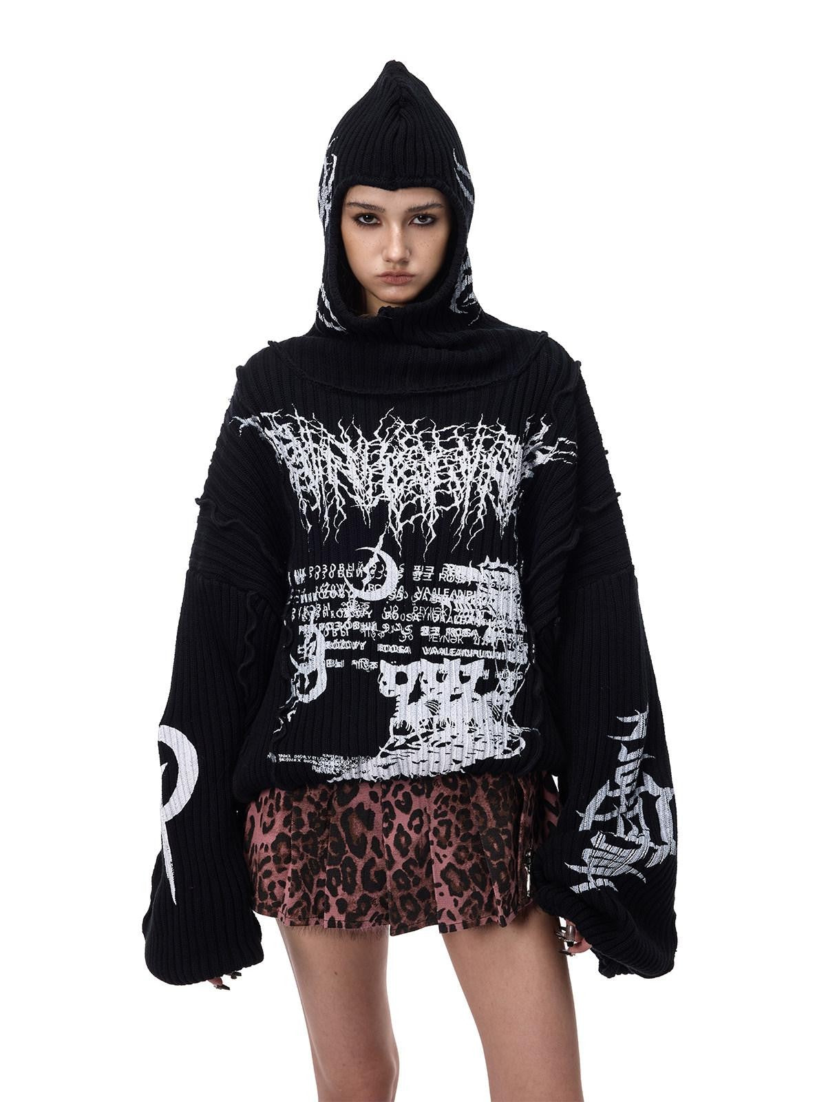 PINKSPINK Black Patchwork Hooded Loose Punk Women's Acrylic Pullover Sweaters