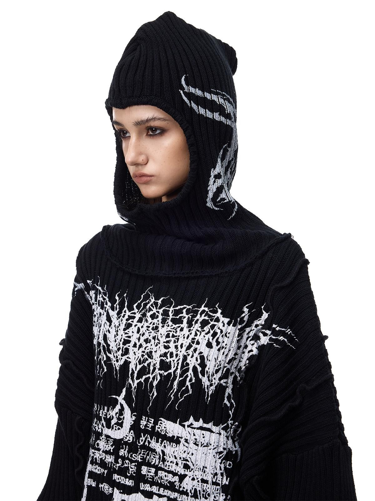 PINKSPINK Black Patchwork Hooded Loose Punk Women's Acrylic Pullover Sweaters
