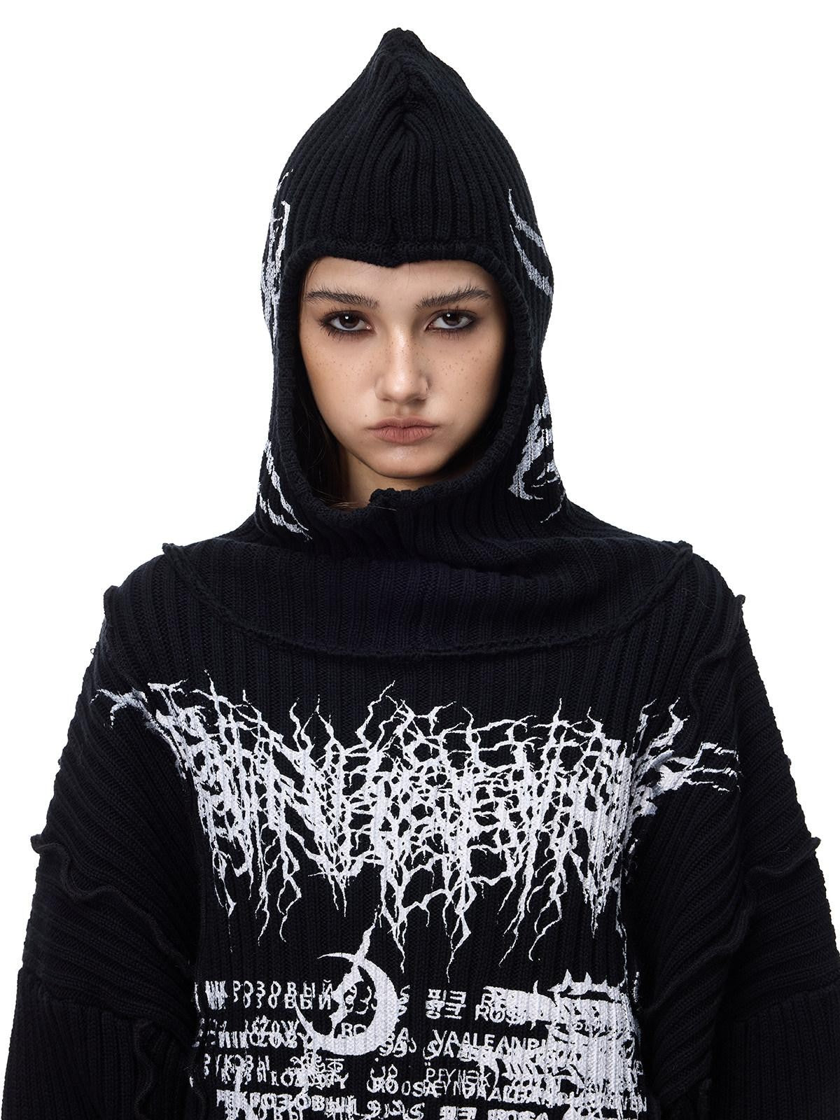 PINKSPINK Black Patchwork Hooded Loose Punk Women's Acrylic Pullover Sweaters