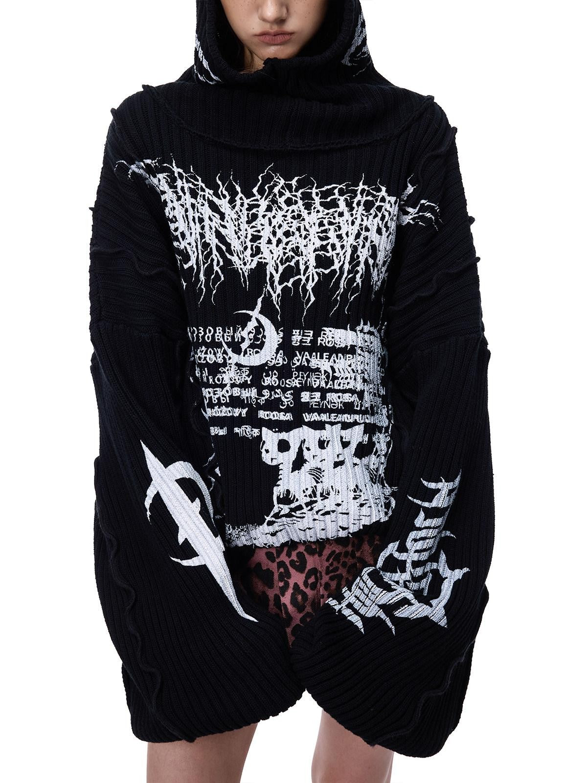 PINKSPINK Black Patchwork Hooded Loose Punk Women's Acrylic Pullover Sweaters