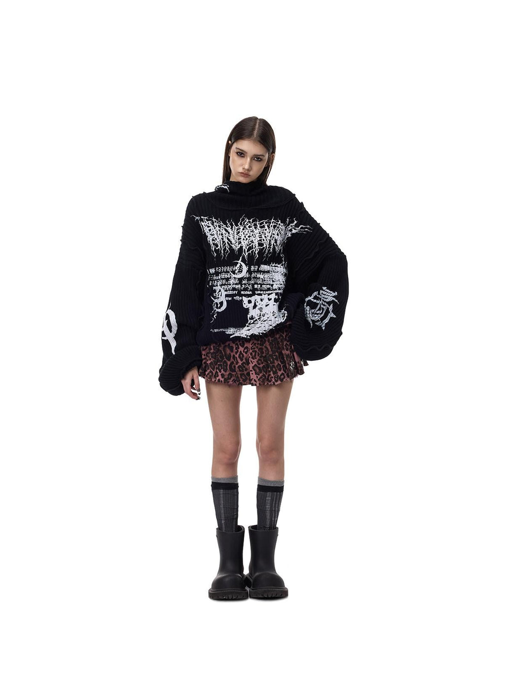 PINKSPINK Black Patchwork Hooded Loose Punk Women's Acrylic Pullover Sweaters