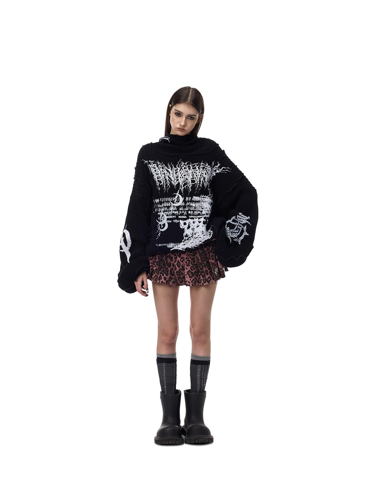 PINKSPINK Black Patchwork Hooded Loose Punk Women's Acrylic Pullover Sweaters