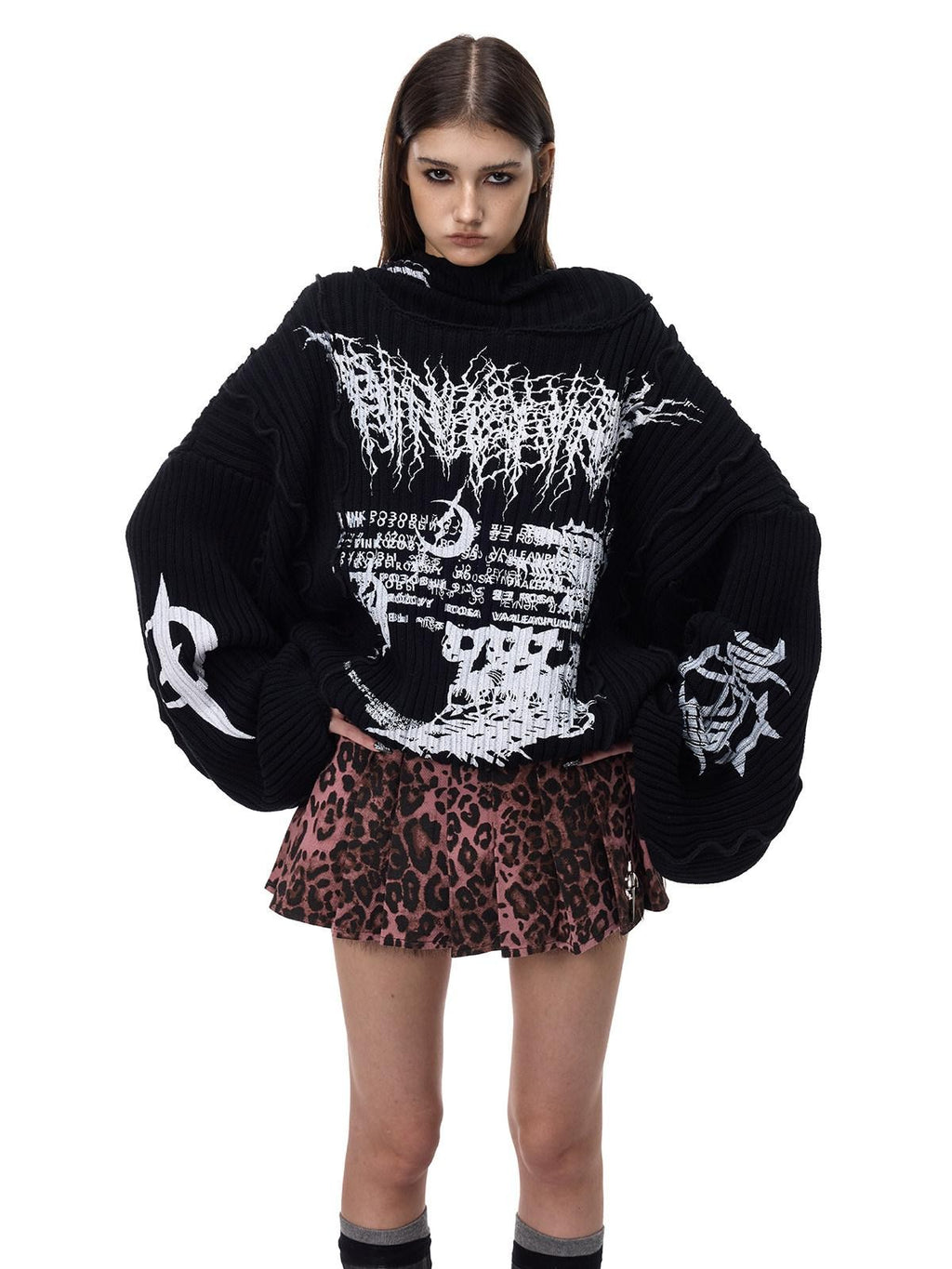 PINKSPINK Black Patchwork Hooded Loose Punk Women's Acrylic Pullover Sweaters