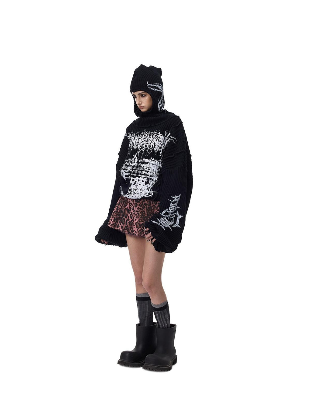 PINKSPINK Black Patchwork Hooded Loose Punk Women's Acrylic Pullover Sweaters
