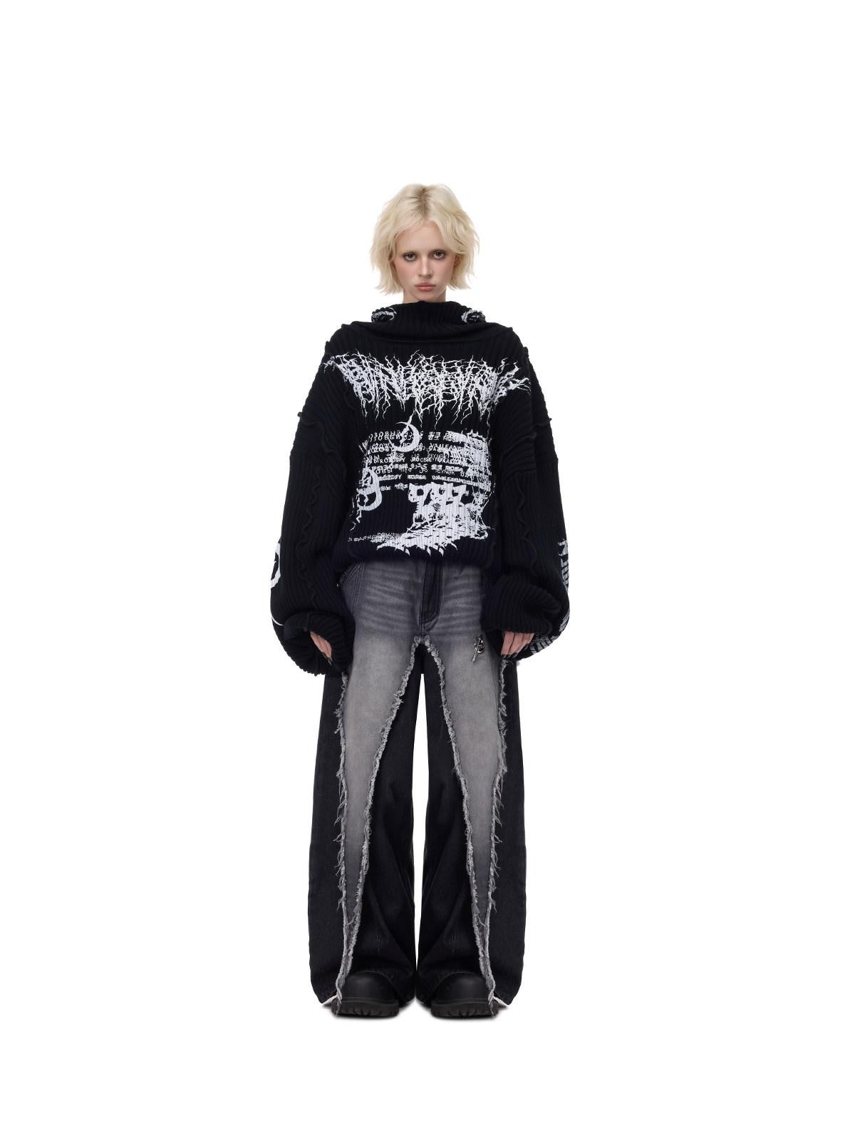 PINKSPINK Black Patchwork Hooded Loose Punk Women's Acrylic Pullover Sweaters