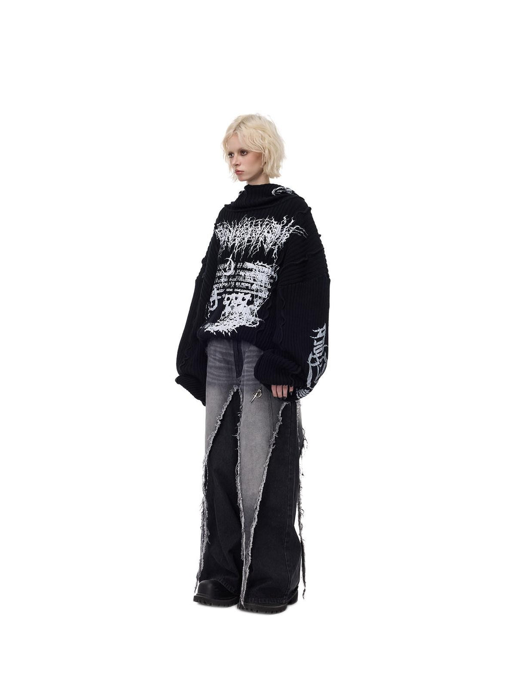PINKSPINK Black Patchwork Hooded Loose Punk Women's Acrylic Pullover Sweaters